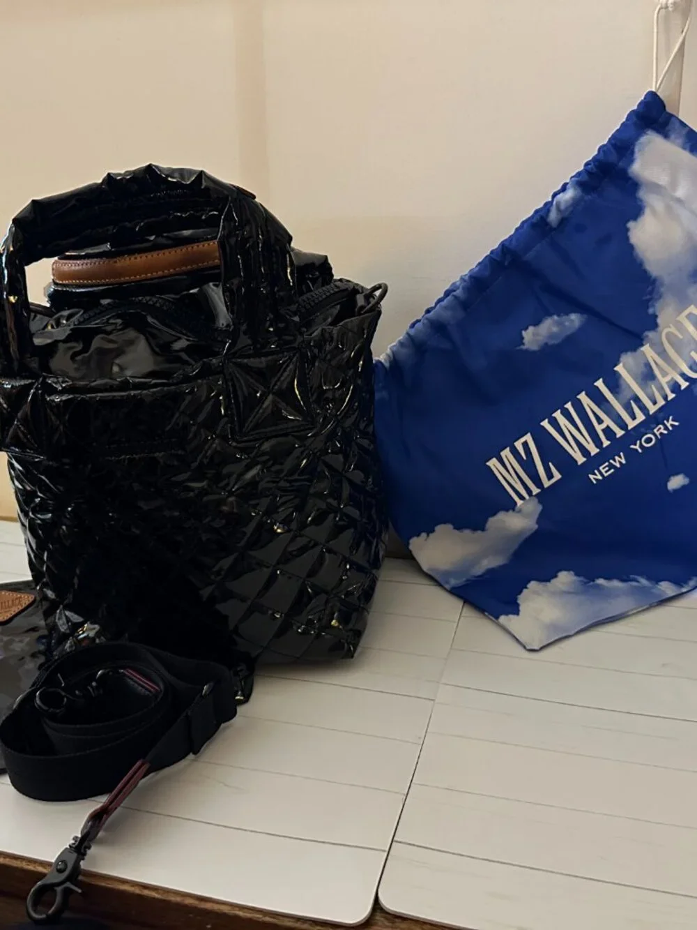 MZ Wallace Mini Metro Tote Deluxe Black Lacquer Patent Quilted Like New